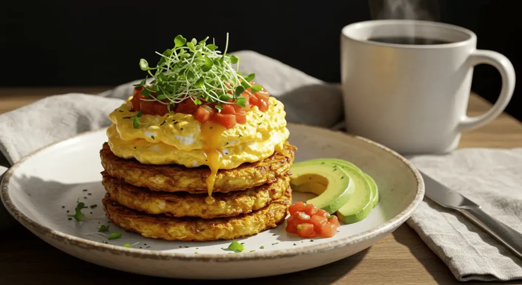 Final presentation of hash browns and eggs recipe with garnishes on a plate