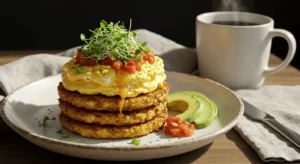 Final presentation of hash browns and eggs recipe with garnishes on a plate