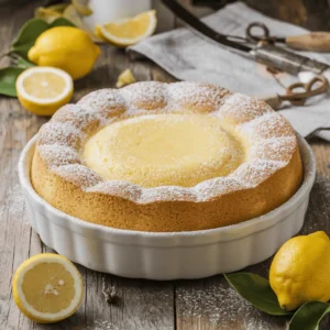 Golden lemon pudding cake with powdered sugar in a white baking dish on rustic table