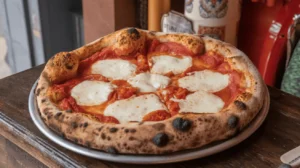 Authentic Neapolitan pizza on rustic table in Naples with traditional ingredients.