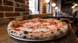 New York Style Pizza in a Latham pizzeria with thin crust and melted mozzarella on a wooden table