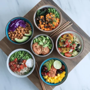 Colorful vegan power bowl recipes with quinoa, greens, and plant-based protein
