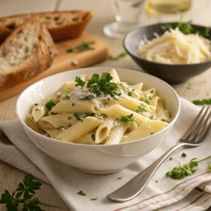 Side view of a bowl of Alfredo penne pasta with parsley and parmesan