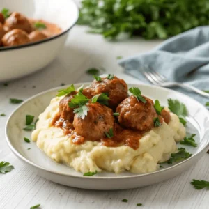 Side view of plated Amylu chicken meatballs with mashed potatoes and garnish