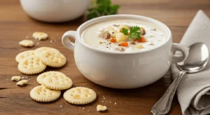 A warm bowl of Bar Harbor New England Clam Chowder garnished with parsley, surrounded by oyster crackers and served in a cozy kitchen setting.