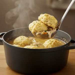 Side view of a pot filled with Bisquick chicken and dumplings, with fluffy dumplings floating in golden broth