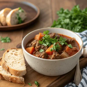 Bowl of ground beef crock pot stew with vegetables and parsley, side view