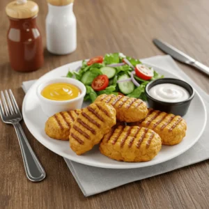 Plate of homemade Chick Fil A grilled nuggets with fresh salad and sauces.