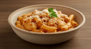Creamy chicken riggies pasta garnished with herbs and cheese.