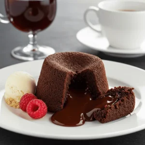 Side view of molten lava cake with flowing chocolate and ice cream