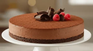 Chocolate mousse cake on a cake stand with cocoa dusting and berries.