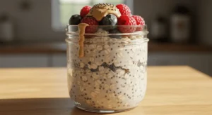 Jar of high-protein overnight oats with berries and peanut butter, side view