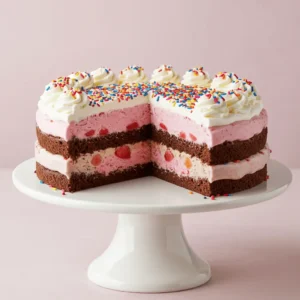 Homemade ice cream cake with chocolate fudge and whipped cream topping