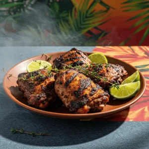 Authentic Jamaican jerk chicken with lime wedges and fresh herbs on a rustic plate.
