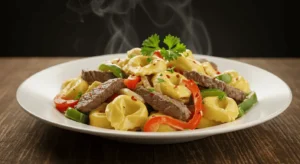 Philly Cheesesteak Tortellini Pasta plated with steak, peppers, onions, and creamy melted cheese.