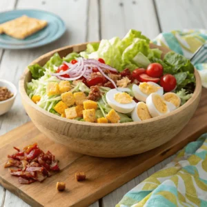 Fresh American salad with lettuce, bacon, eggs, tomatoes, cheese, and ranch dressing in a wooden bowl – perfect for summer meals