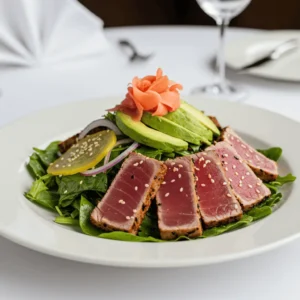 Seared ahi tuna steak sliced to show pink center, garnished with sesame seeds and lime.