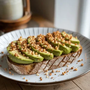 Avocado toast with homemade seasoning on sourdough bread in morning light