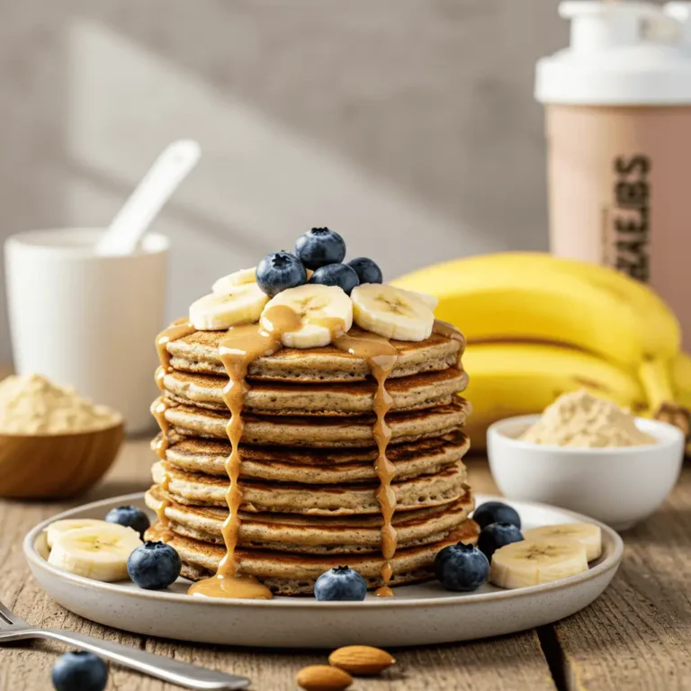 Stack of fluffy banana protein pancakes topped with sliced bananas and blueberries, drizzled with almond butter on a wooden breakfast table