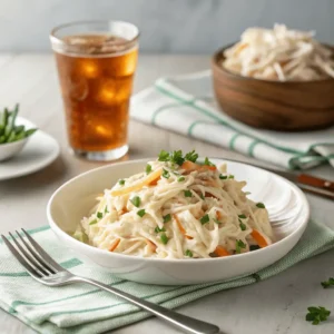Elegant serving of creamy coleslaw with ranch dressing on a set dinner table.