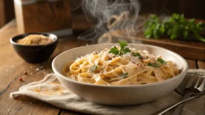 Bowl of creamy Cajun fettuccine alfredo garnished with parsley and Parmesan.