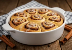 Freshly baked cake mix cinnamon rolls with glaze in a white ceramic dish