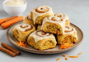 Carrot cake cinnamon rolls with cream cheese glaze on rustic plate