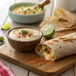 Side view of creamy breakfast burrito sauce in a rustic bowl beside a sliced burrito on a wooden table.
