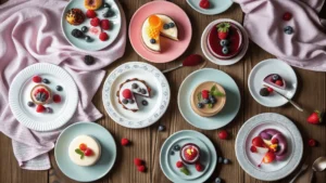 Flat lay of gluten free desserts including chocolate cake, almond cookies, and coconut treats on a rustic wooden table