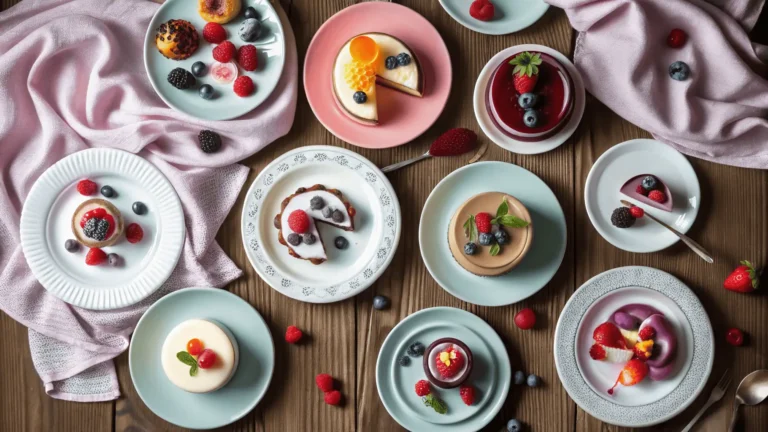 Flat lay of gluten free desserts including chocolate cake, almond cookies, and coconut treats on a rustic wooden table