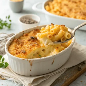 Side view of Tinis mac and cheese baked in a dish with golden crust and melted cheese