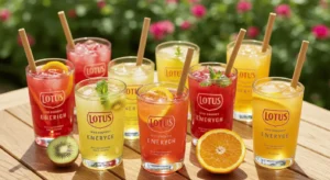 Assorted colorful Lotus energy drinks with fruits and ice on a wooden table