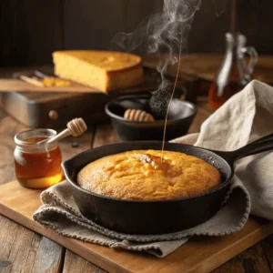 Moist sweet potato cornbread served hot in a cast-iron skillet