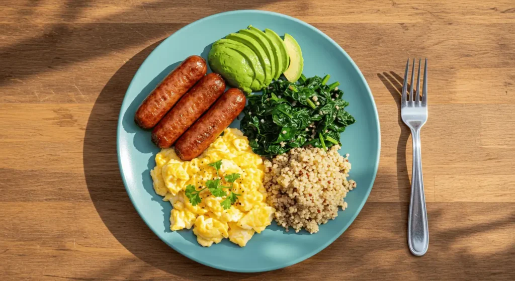 Healthy breakfast plate with turkey sausage, eggs, avocado, spinach, and quinoa