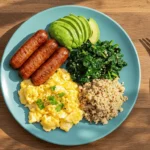 Healthy breakfast plate with turkey sausage, eggs, avocado, spinach, and quinoa