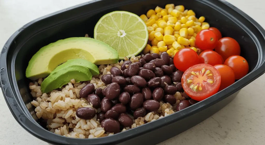 Rice and beans power bowl with avocado, corn, and tomatoes in a black prep container