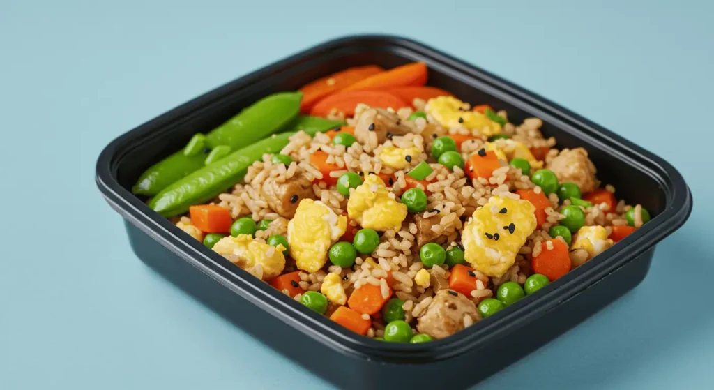 Colorful veggie fried rice with eggs and peas in a black meal prep container