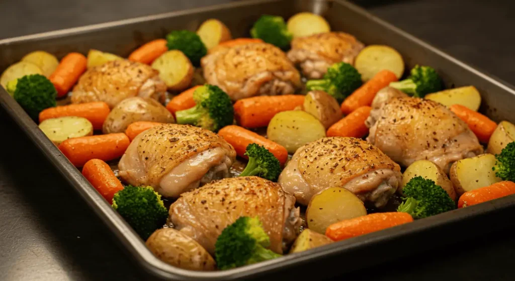 One-pan roasted chicken with carrots, broccoli, and potatoes on a baking sheet.