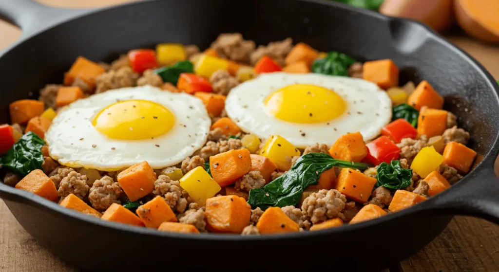 One-pan turkey sausage skillet with eggs and vegetables