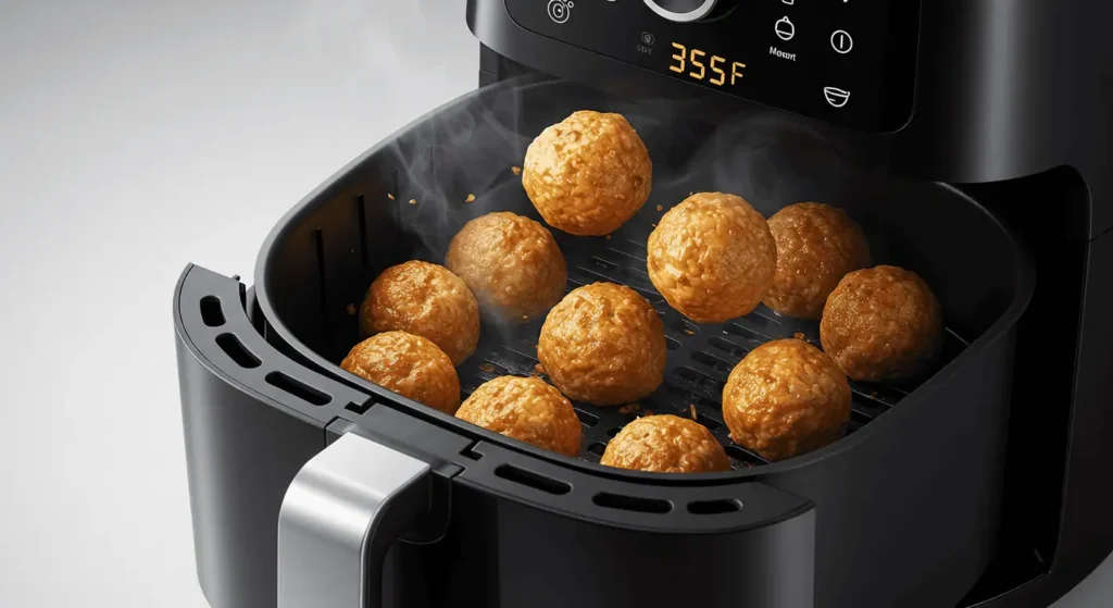 Amylu meatballs cooking in air fryer at 375°F