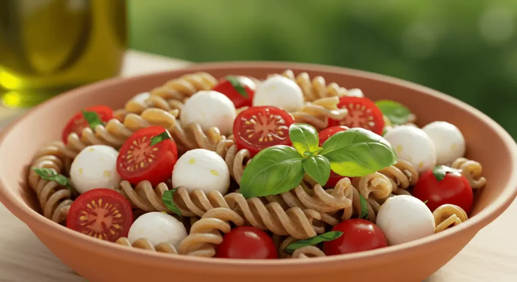 Caprese pasta salad with tomatoes, mozzarella, basil, and olive oil