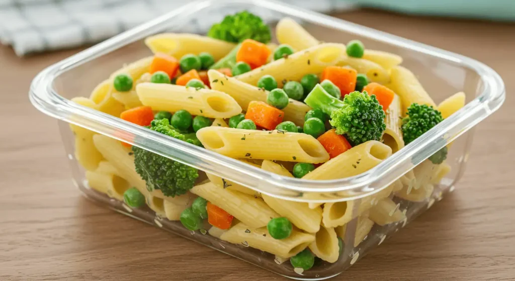 Pasta primavera with colorful frozen vegetables in a glass container.
