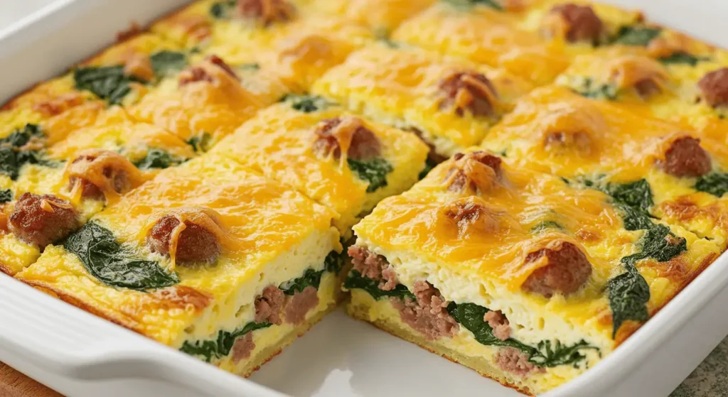 Sliced sausage breakfast casserole in a white baking dish