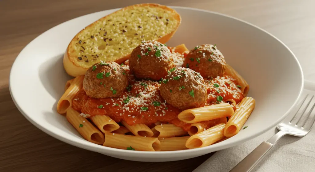 Pasta bowl with Amylu meatballs and garlic bread
