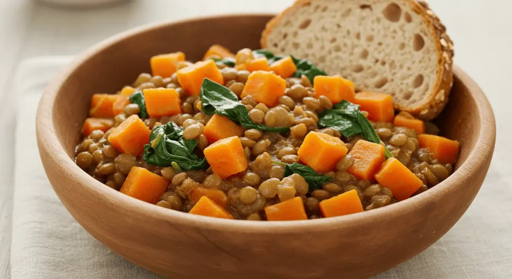 Hearty lentil and sweet potato stew with vegetables in a rustic bowl.