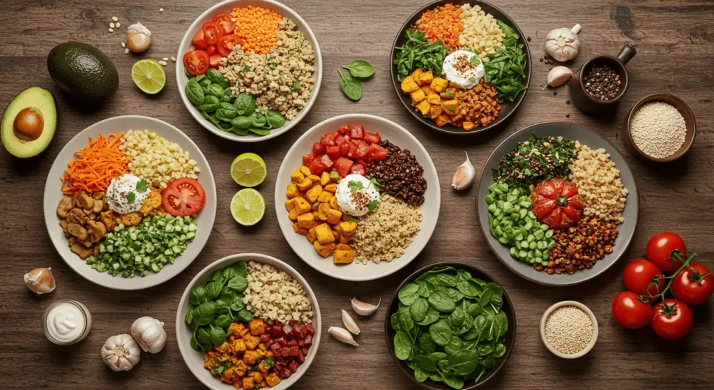 Top view of seven 30-minute low-cholesterol meals with heart-healthy ingredients like avocado, spinach, lentils, and quinoa