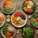 Top view of seven 30-minute low-cholesterol meals with heart-healthy ingredients like avocado, spinach, lentils, and quinoa