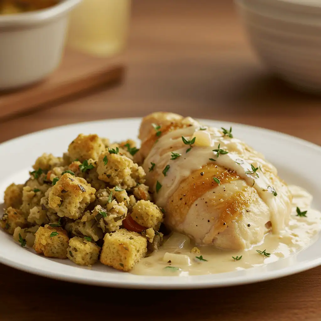 4 Ingredient Slow Cooker Chicken and Stuffing Dinner Plate