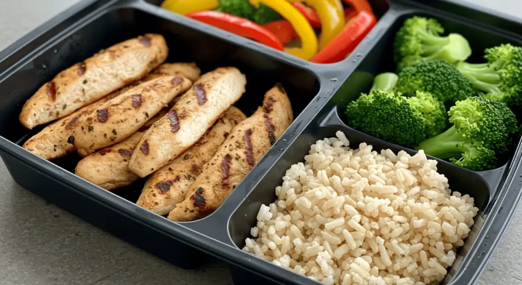 Chicken stir-fry with brown rice and mixed vegetables in a divided meal prep container