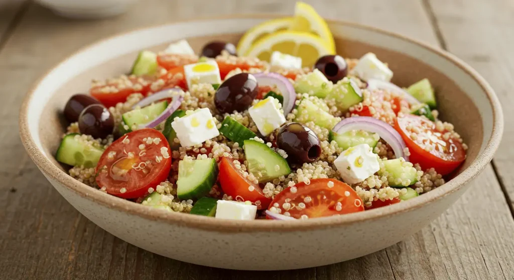 Mediterranean quinoa salad with olives, feta, tomatoes, and lemon dressing